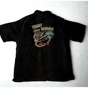 Tommy Bahama XL Black Silk Camp Shirt Tiki Surf Ride The Tide Embroidered Back